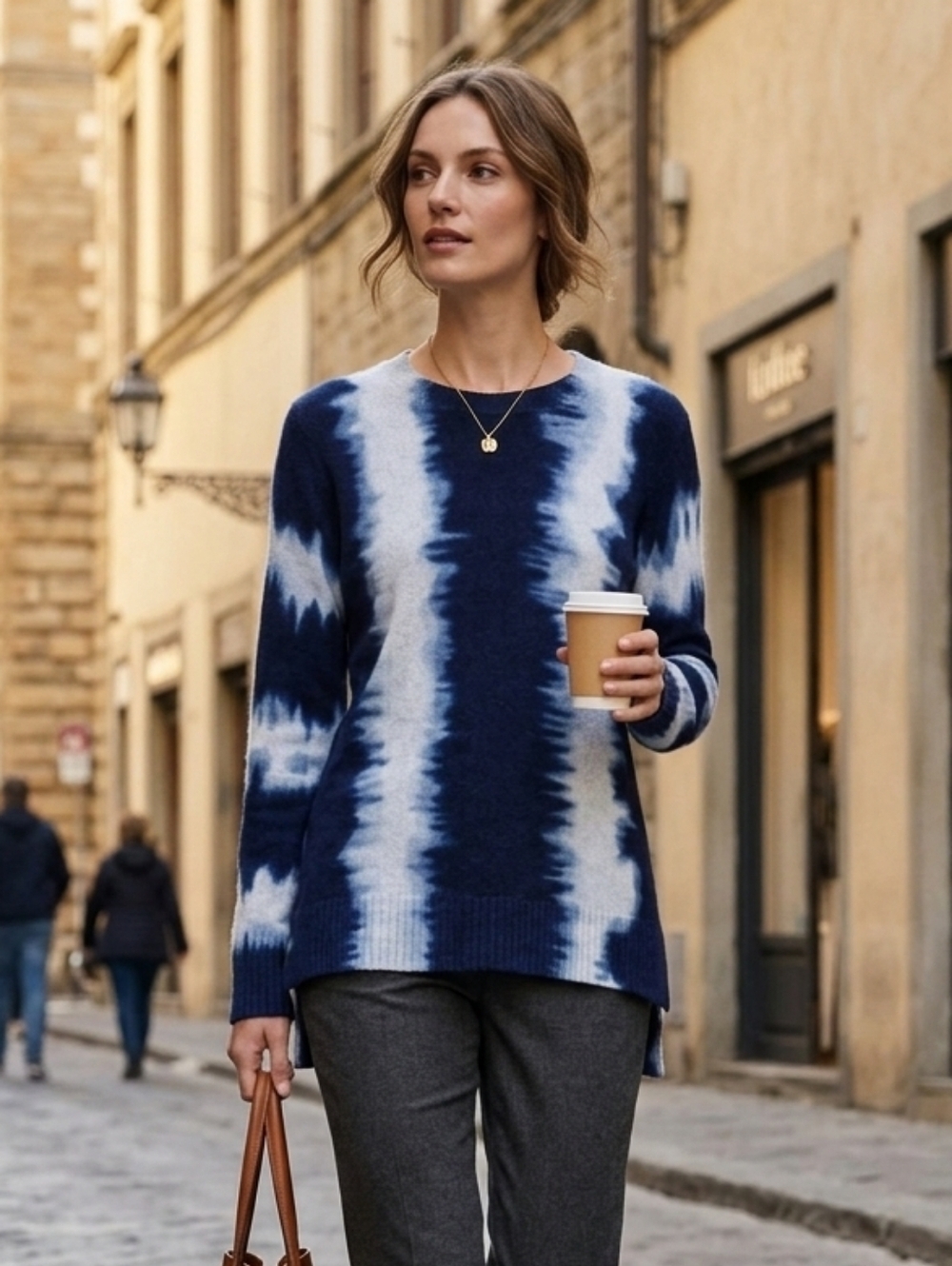 Saks Fifth Avenue Women's Quiet Luxury Blue Abstract Cashmere Sweater Size XS